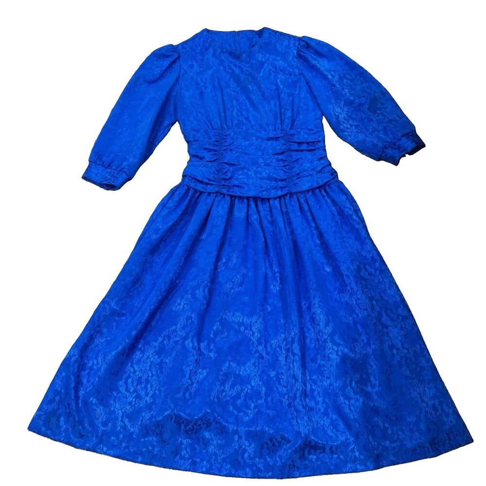 Vintage Impromptu Blue Jacquard Midi Dress Puff Sleeve Ruched Waist Women’s M